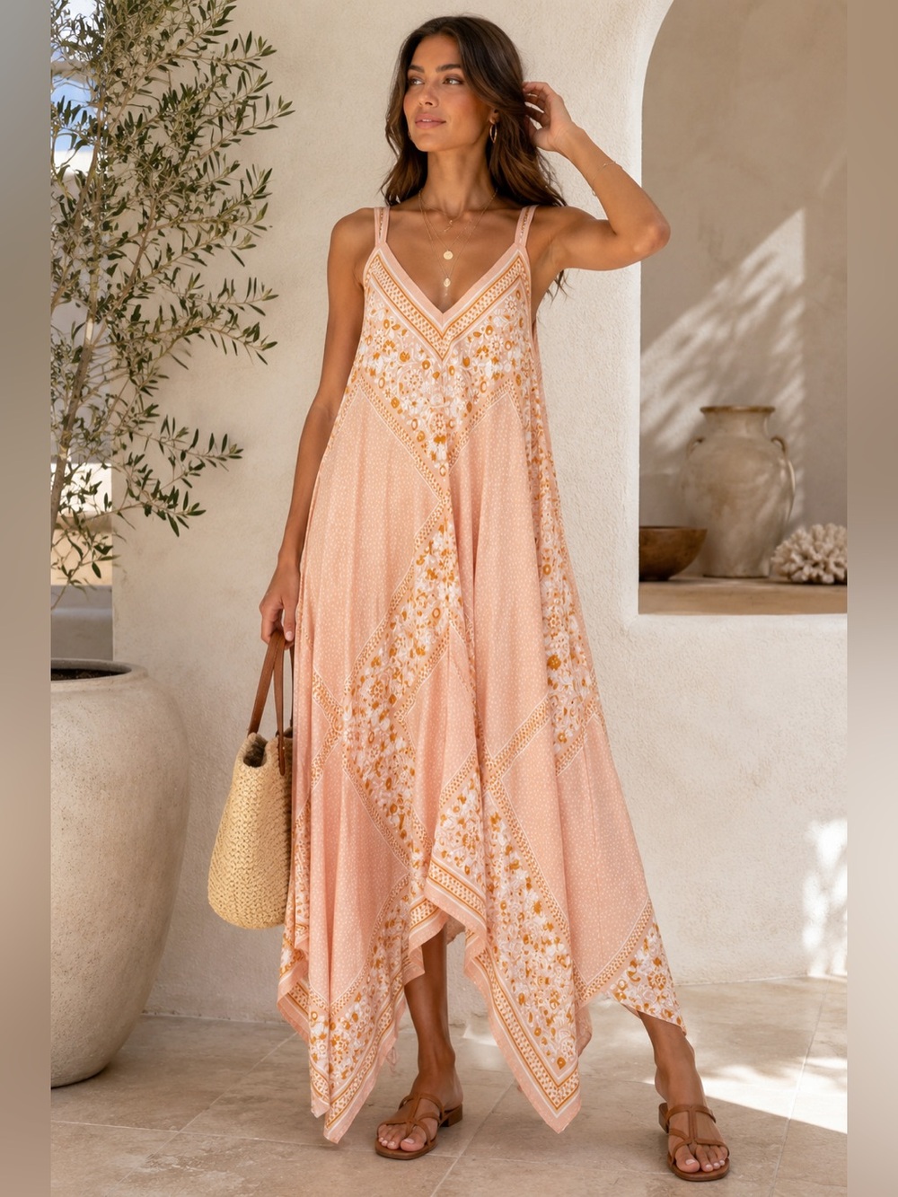 See by Chloé Silk Scarf Print Handkerchief Maxi Dress Pink Peach L Boho